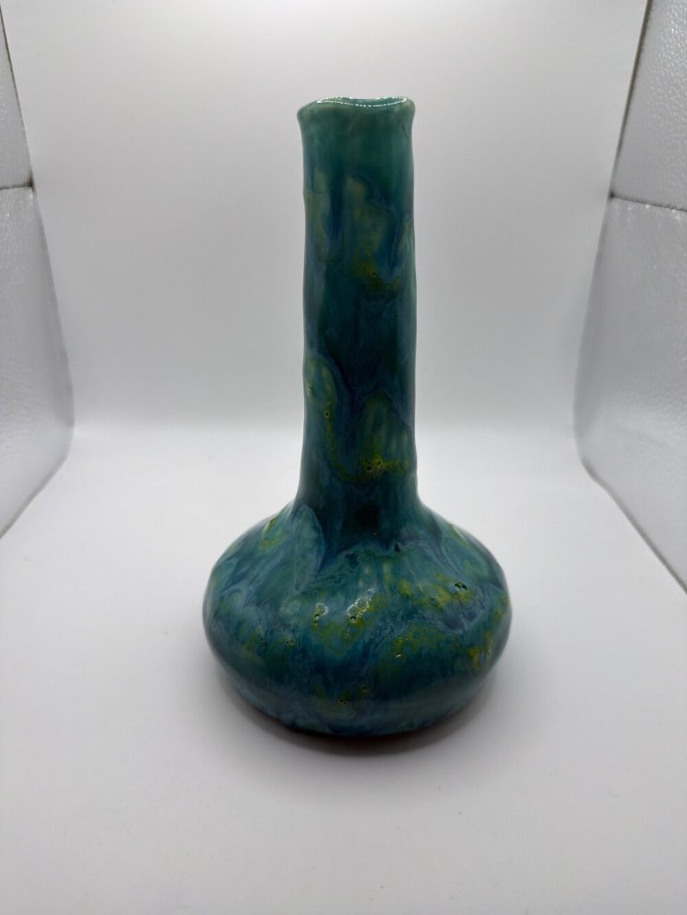 Vintage Brittany Tripp 2006 Handcrafted Pottery Bud Vase Blue & Yellow Glaze Sig